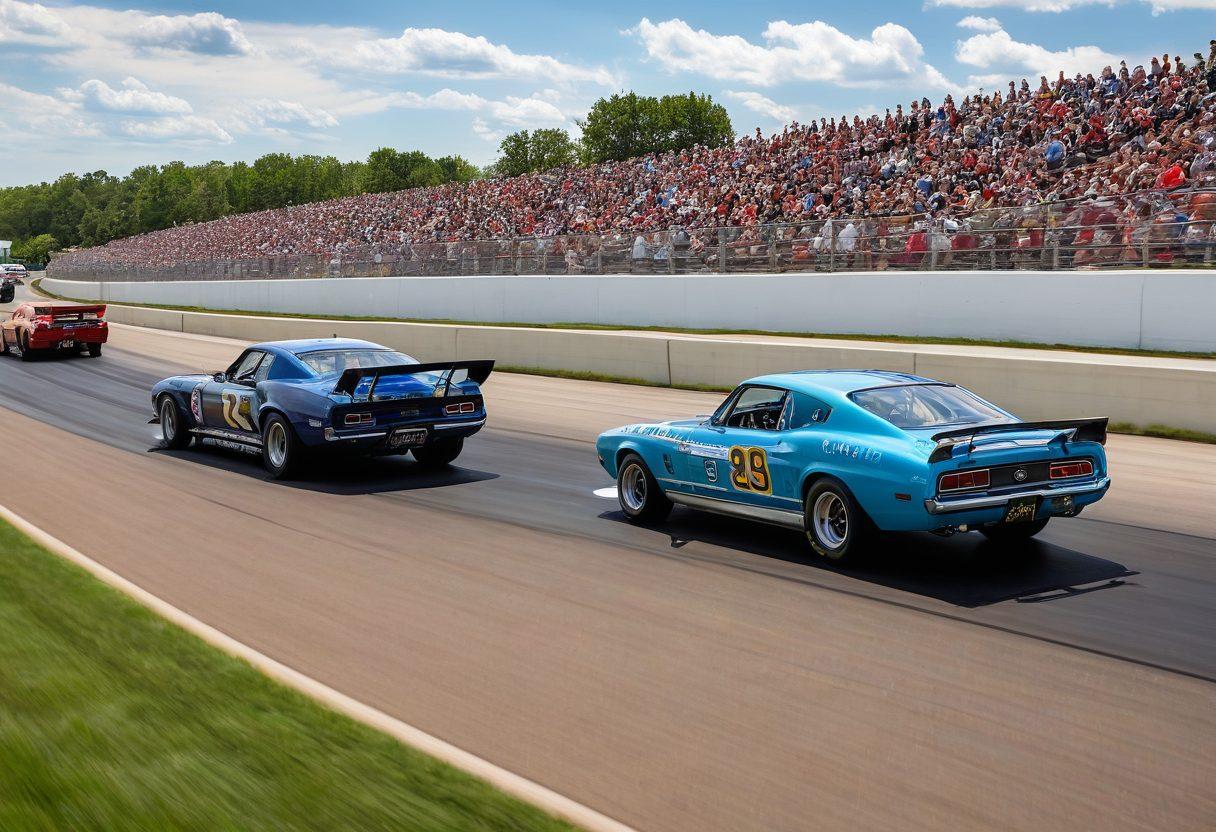 A thrilling panoramic view of Mid America Motorplex with a mix of amateur and professional racing cars zooming on the track. Include vibrant crowds cheering, high-speed motion blurs, and a dynamic mix of distinctive race car designs. Complement the scene with clear skies and lush greenery around the track. super-realistic. vibrant colors. panoramic view.