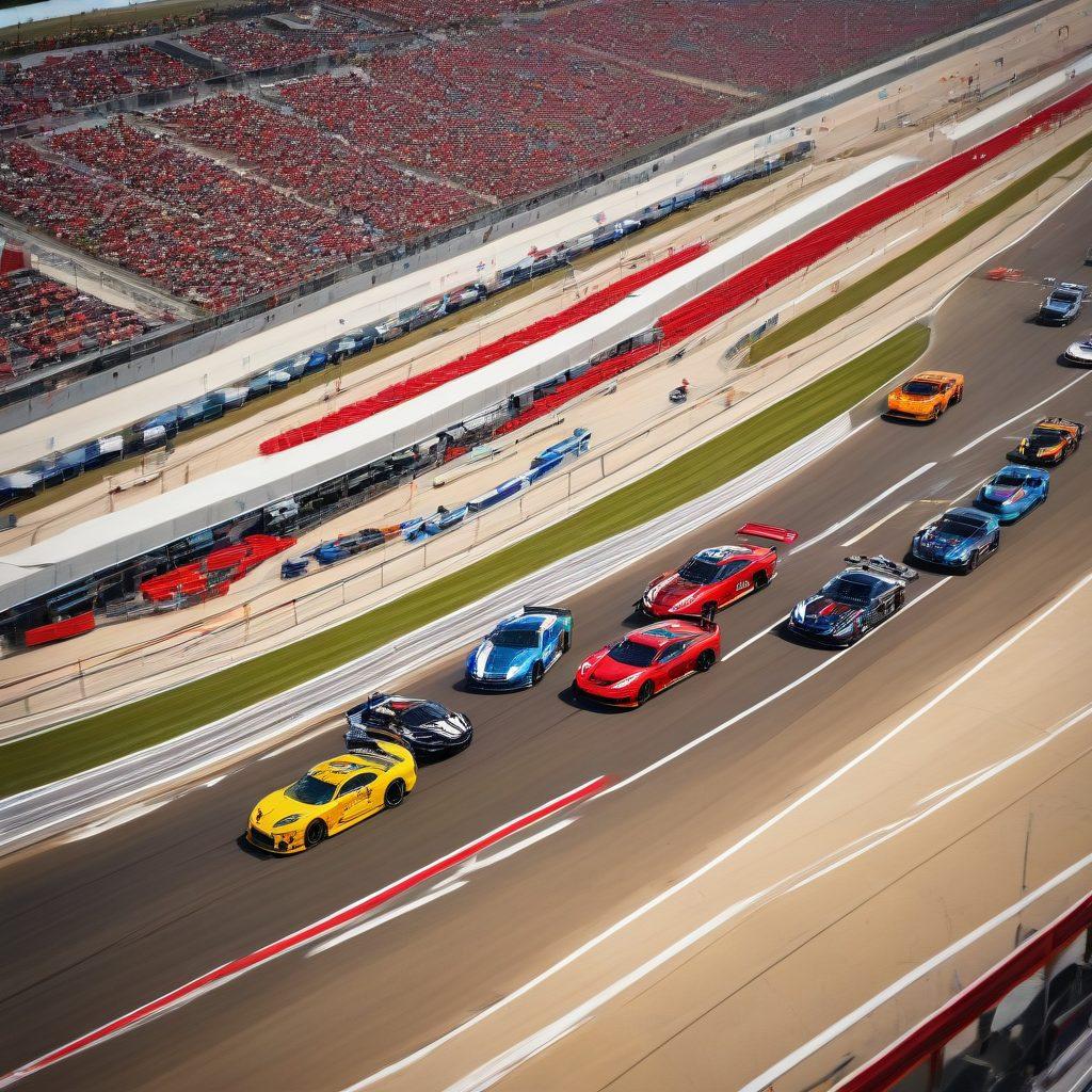 A dynamic collage featuring a high-speed track day event with sleek, modern sports cars, a thrilling NASCAR race with cars roaring past the grandstands, and an aerial view of the Mid America Motorplex showcasing its winding racetracks. Include spectators in excitement and detailed realistic cars. super-realistic. vibrant colors.