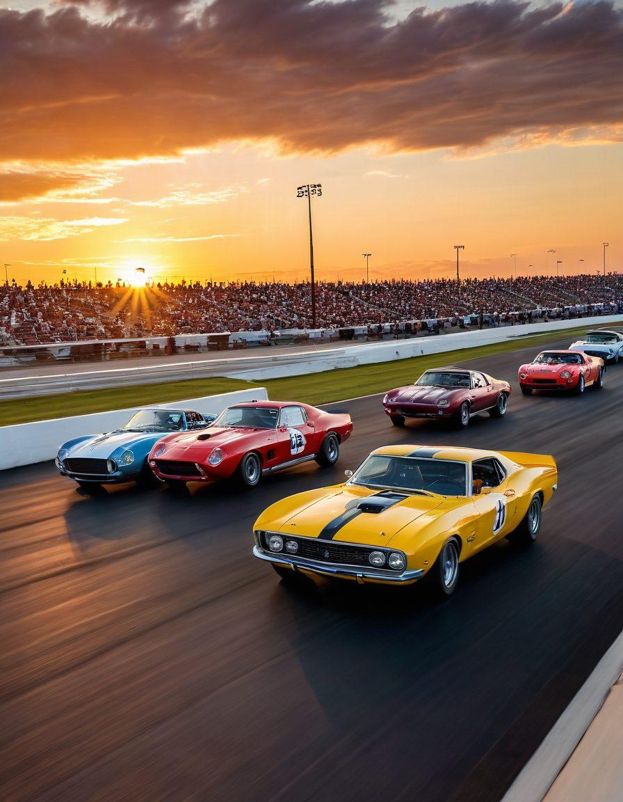 A thrilling race scene at Mid America Motorplex showcasing a diverse range of cars, from vintage muscle cars to sleek modern race cars, speeding down the track with spectators cheering in the background. The sky is vibrant with the hues of a setting sun, adding drama and excitement. Include details like motion blur to emphasize speed and intensity, and dynamic perspectives to highlight the transition from amateur to professional racing. super-realistic. vibrant colors. dynamic angles.